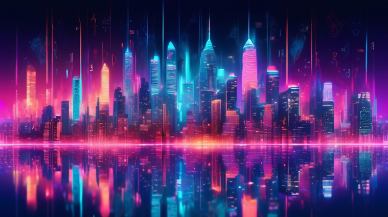 A futuristic cityscape at night, illuminated by glowing AI neural networks, with the number 28 formed by skyscrapers and $100M+ projected as a hologram in the sky.