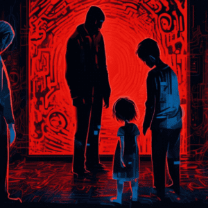 A terrified family huddles together in their darkened home, menaced by a glowing red eye formed from abstract digital code, in the style of a Blumhouse horror movie poster.