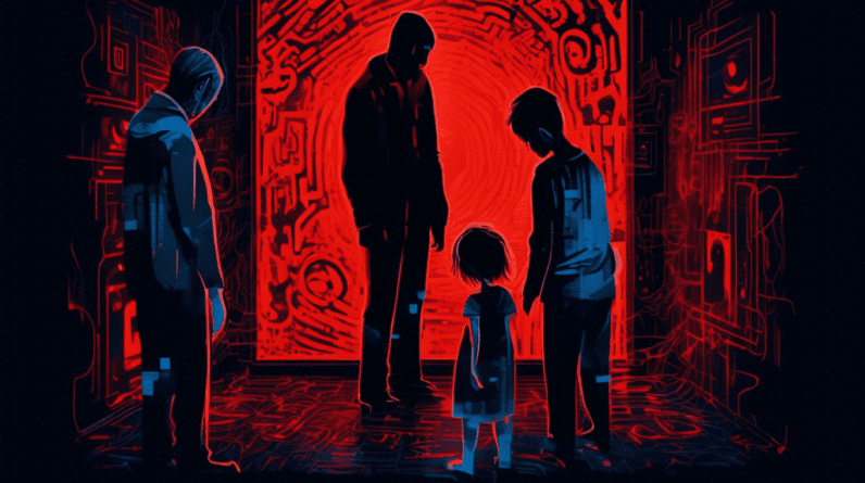 A terrified family huddles together in their darkened home, menaced by a glowing red eye formed from abstract digital code, in the style of a Blumhouse horror movie poster.