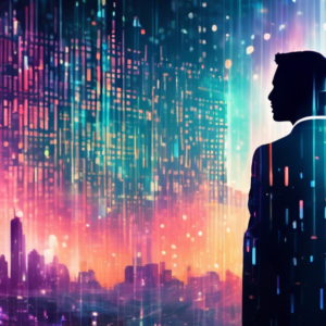 A futuristic cityscape with a large holographic graph trending upwards, superimposed over the silhouette of a person in a suit, with binary code raining down.