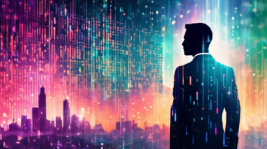 A futuristic cityscape with a large holographic graph trending upwards, superimposed over the silhouette of a person in a suit, with binary code raining down.