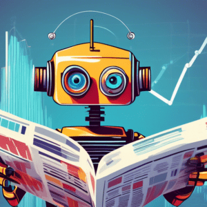 A robot looking confused while holding a financial newspaper with fluctuating graphs and charts.