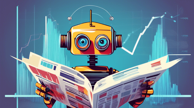 A robot looking confused while holding a financial newspaper with fluctuating graphs and charts.