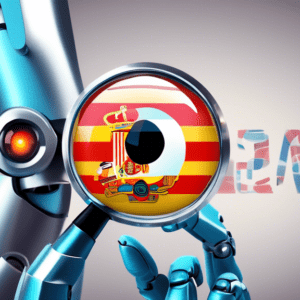 A robotic eye with the Meta logo reflected in it, being examined under a magnifying glass by a hand with a Spanish flag on the sleeve.