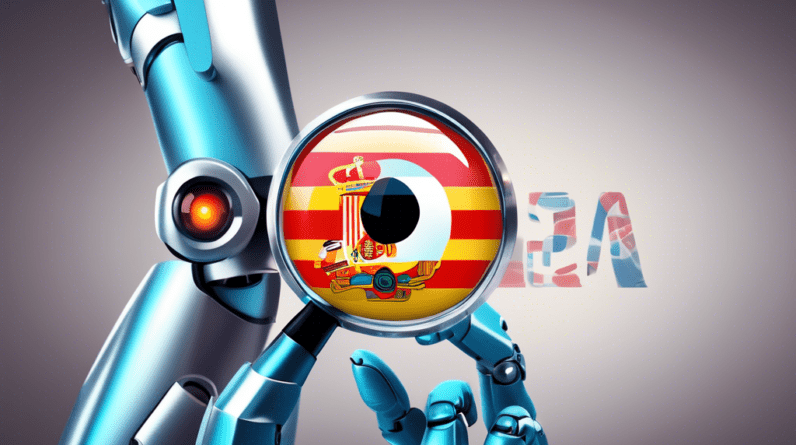 A robotic eye with the Meta logo reflected in it, being examined under a magnifying glass by a hand with a Spanish flag on the sleeve.