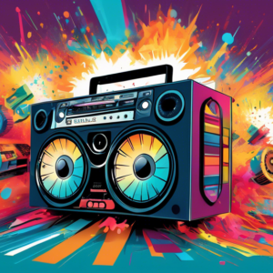 A compass pointing through a boombox exploding with colorful data and gears towards three towering pillars labeled Strategy, Content, and Data.