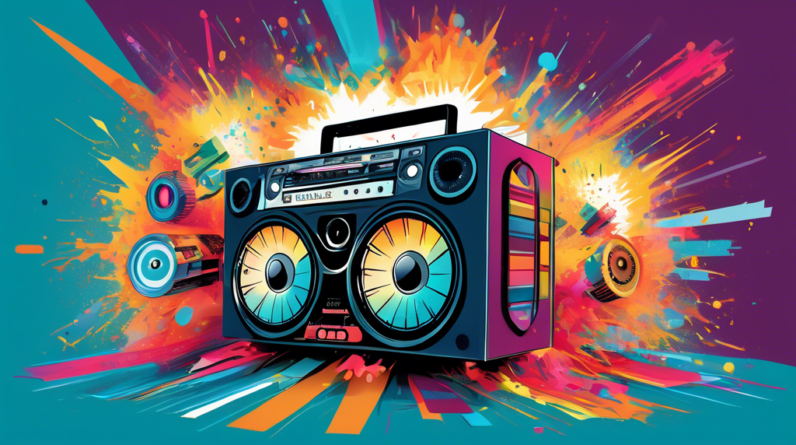 A compass pointing through a boombox exploding with colorful data and gears towards three towering pillars labeled Strategy, Content, and Data.