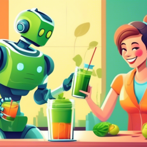 A friendly AI robot wearing a stethoscope and offering a healthy green smoothie to a smiling human patient.