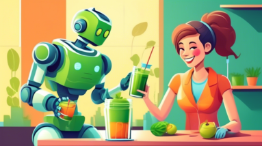 A friendly AI robot wearing a stethoscope and offering a healthy green smoothie to a smiling human patient.