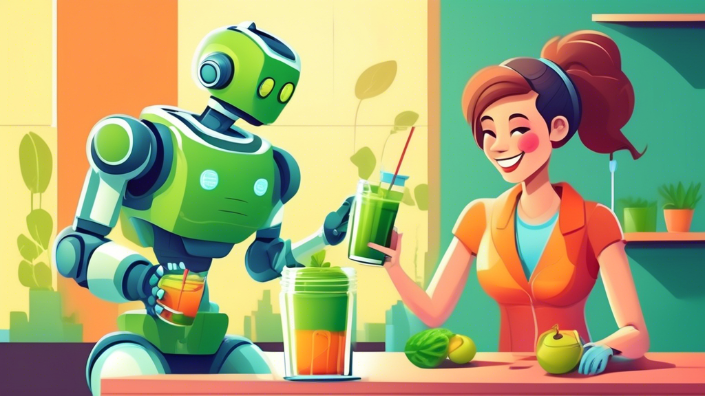 A friendly AI robot wearing a stethoscope and offering a healthy green smoothie to a smiling human patient.