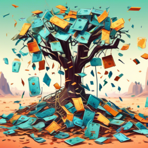 A wilted money tree with leaves shaped like microchips, being sadly watered by CEOs of major tech companies, in a desolate landscape littered with broken robots.