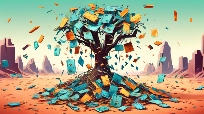 A wilted money tree with leaves shaped like microchips, being sadly watered by CEOs of major tech companies, in a desolate landscape littered with broken robots.