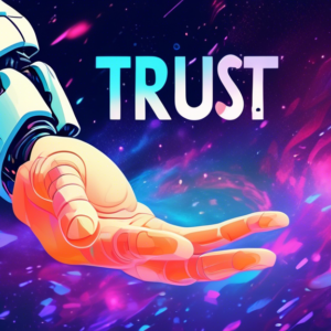 A robotic hand reaching out to a human hand in front of a swirling galaxy, with the words Trust and AI faintly glowing in the background.