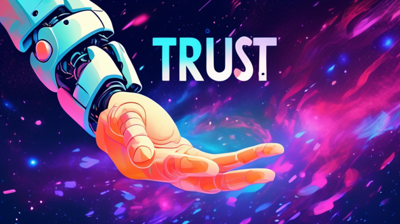 A robotic hand reaching out to a human hand in front of a swirling galaxy, with the words Trust and AI faintly glowing in the background.