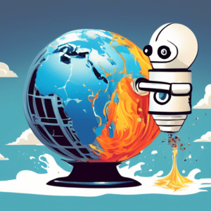 A robot with a Washington Post logo blowing hot air from its mouth towards a melting globe.