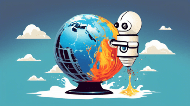 A robot with a Washington Post logo blowing hot air from its mouth towards a melting globe.